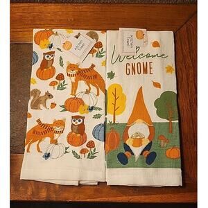 Kitchen Hand Towel Gnome Fall Forest Animals Pumpkins Leaves White Set of 2